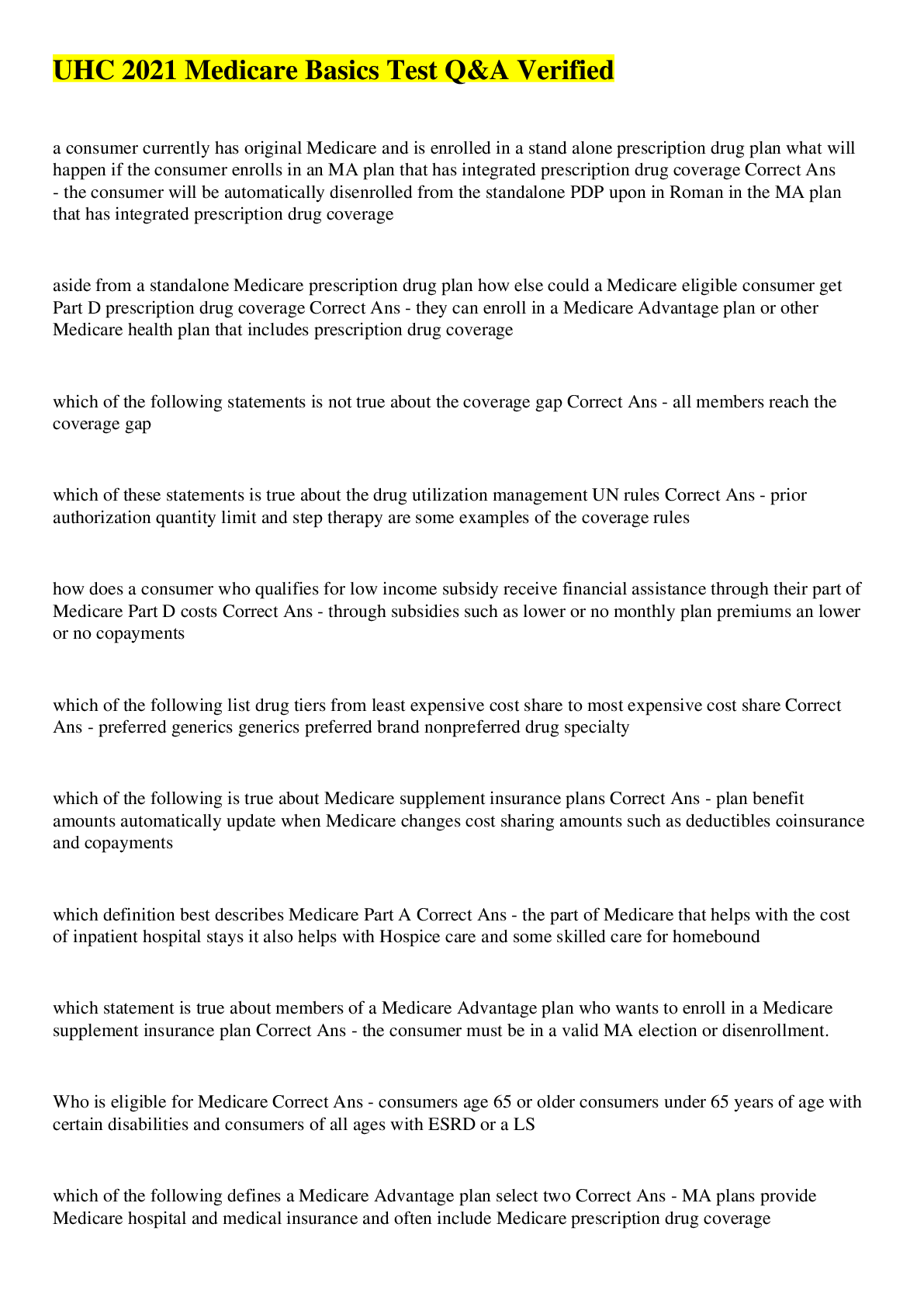 Preview image for UHC 2021 Medicare Basics Test Q&A Verified